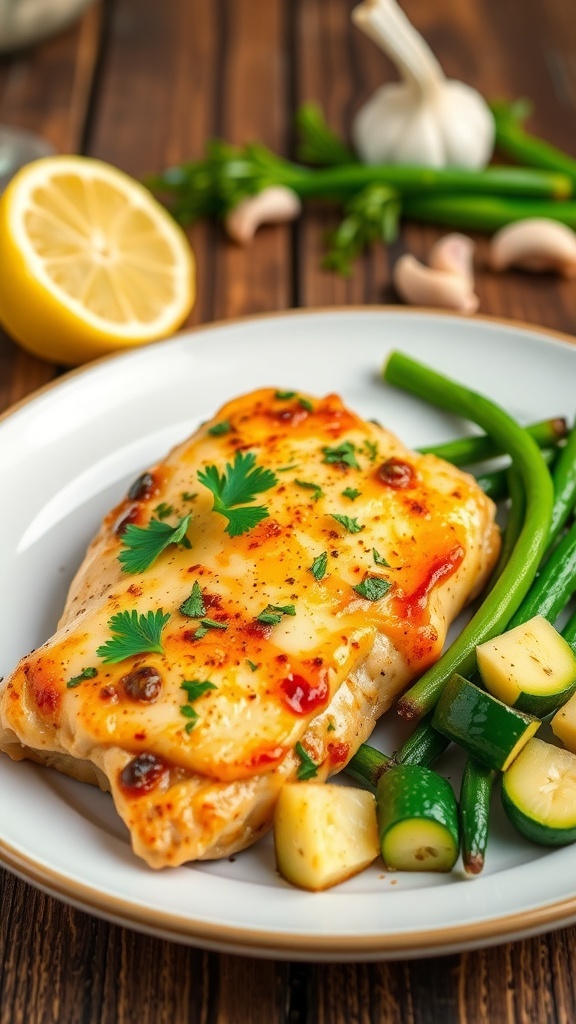Lemon garlic chicken with sautéed zucchini on a plate, garnished with parsley, on a rustic table.